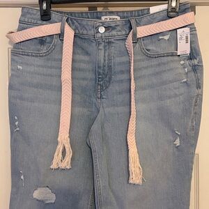 Maurices Light Blue Distressed Boyfriend Jeans with Pink Woven Belt